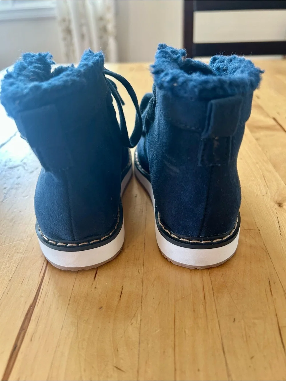 Baby Gap Moc Toe Boots Navy Blue Faux Fur Fleece Trim Lace Up Booties Sz 8 NWOT